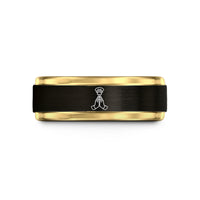 couple present ring sets – black & gold tungsten prayer halo wedding band