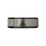 women’s rings with engraving – black & grey tungsten firewood stack axe wedding band