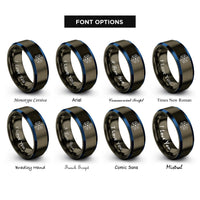 font options for inside engraving on gunmetal & blue vector equilibrium cuboctahedron rings