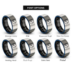 font options for inside engraving on black & blue & silver verified checkmark circle rings