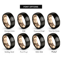 font options for inside engraving on black & rose gold vineyard hills rings