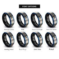 font options for inside engraving on black & blue & gray volleyball net ball rings