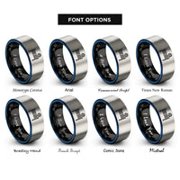 font options for inside engraving on black & blue & grey volleyball net ball rings