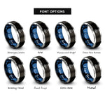 font options for inside engraving on black & blue & silver water drop ripple rings