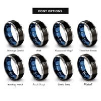 font options for inside engraving on black & blue & silver water drop ripple rings