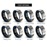 font options for inside engraving on black & blue & grey water drop ripple rings