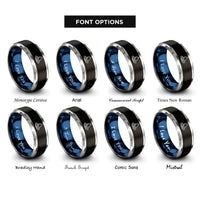 font options for inside engraving on black & blue & silver water droplet ripple rings