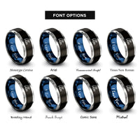 font options for inside engraving on black & blue & gray wave crest rings