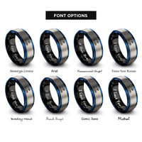 font options for inside engraving on black & blue & silver wave crest rings
