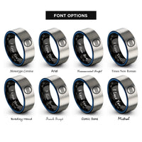 font options for inside engraving on black & blue & gray wave lines rope rings