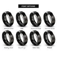 font options for inside engraving on black & silver wave motif rings