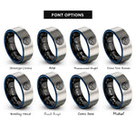 font options for inside engraving on black & blue & gray wave pattern rings