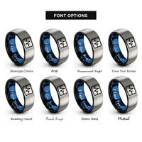 font options for inside engraving on black & blue & grey waveform trace rings