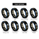 font options for inside engraving on gunmetal & blue wavy cancellation lines rings