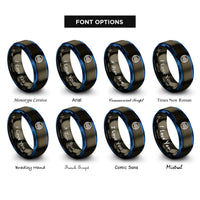 font options for inside engraving on gunmetal & blue wavy cancellation lines rings