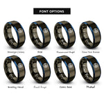 font options for inside engraving on gunmetal & blue wavy cancellation lines rings