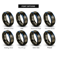 font options for inside engraving on gunmetal & blue wavy cancellation lines rings