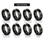 font options for inside engraving on black & silver wavy square grid rings