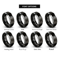 font options for inside engraving on black & silver wavy square grid rings