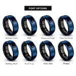 font options for inside engraving on black & blue wayfinder arrow circle rings