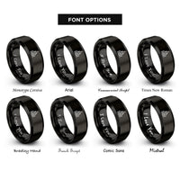 font options for inside engraving on black wedding chapel heart rings