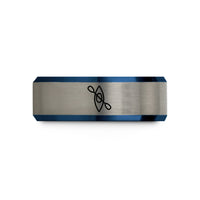 engraved rings for couples – black & blue & silver tungsten kayak wedding band