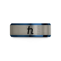 personalized rings for couples – black & blue & gray tungsten h bar wedding band