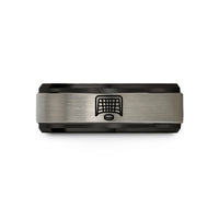 custom engraved couple rings – black & blue & gray tungsten hockey net wedding band