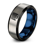 custom engraved couple rings – black & blue & silver tungsten hockey net ring