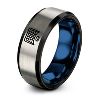 custom engraved couple rings – black & blue & silver tungsten hockey net ring