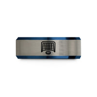custom engraved couple rings – black & blue & gray tungsten hockey net wedding band