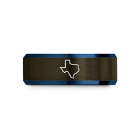 custom engraved couple rings – gunmetal & blue tungsten texas wedding band