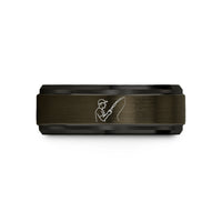 engraved couple promise rings – gunmetal & black tungsten shore angler casting wedding band