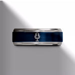 engraved rings for couples – blue & grey tungsten studio microphone wedding band