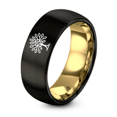 Family Tree – Tungsten Wedding Band, 8 mm, Gold, Black Comfort-Fit Unisex