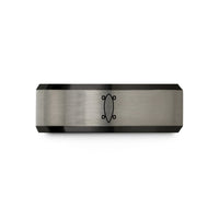 laser engraved wedding band – black & blue & gray tungsten longboard pintail overhead wedding band