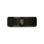 engraved wedding rings set – black tungsten bass headstock wedding band
