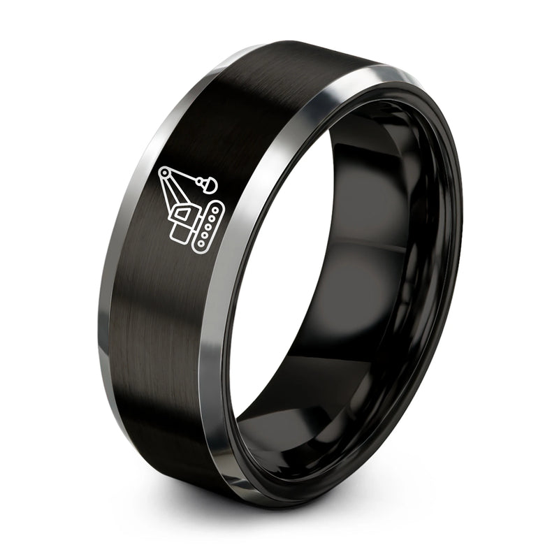 Electric Rope Shovel – Tungsten Wedding Band, 8 mm, Black, Silver Comfort-Fit Men