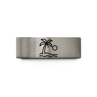 engraved rings for couples – black & blue & gray tungsten beach horizon wedding band