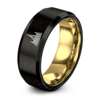 engraved wedding rings set – black & gold tungsten shwedagon pagoda ring