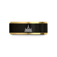 engraved wedding rings set – black & gold tungsten shwedagon pagoda wedding band