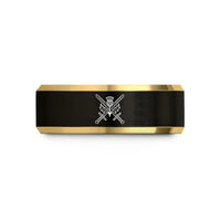 engraved men's wedding ring – black & gold tungsten sword crossed wedding band