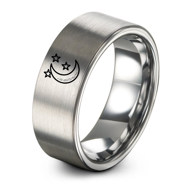 Crescent Moon Stars – Tungsten Wedding Band, 8 mm, Gray Comfort-Fit Unisex