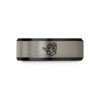 women's tungsten wedding band – black & blue & silver tungsten tengu mask wedding band