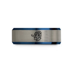 engraved ring for her – black & blue & silver tungsten tengu mask wedding band