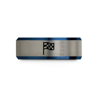 women's tungsten wedding band – black & blue & silver tungsten checkered flag wedding band