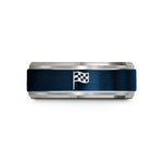 women's tungsten wedding band – blue & silver tungsten checkered flag wedding band