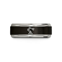 comfort fit wedding band – black & blue & grey tungsten robotic arm wedding band