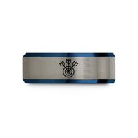 engraved rings for couples – black & blue & grey tungsten darts bullseye wedding band