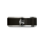 custom engraved rings – black & silver tungsten grand staff clefs wedding band